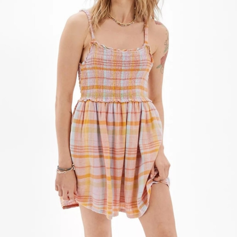 American Eagle | Smoked Plaid Cut Out Back Mini Dress